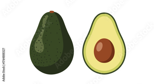 Avocado halves and whole fruit illustration on white background.