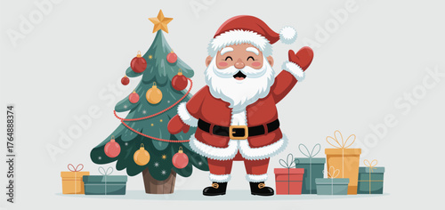 Cheerful Santa Claus Waving Beside Tree and Gifts