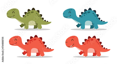 Colorful cartoon dinosaurs in various vibrant colors on white background.