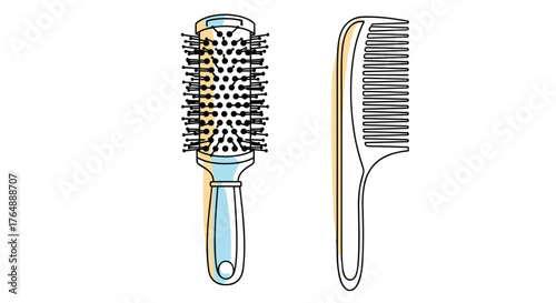 Hair care tools: Comb and round brush for styling.