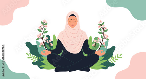 Woman in hijab meditating surrounded by nature and peace.