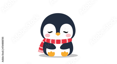 Cute penguin wearing a red scarf sitting peacefully.