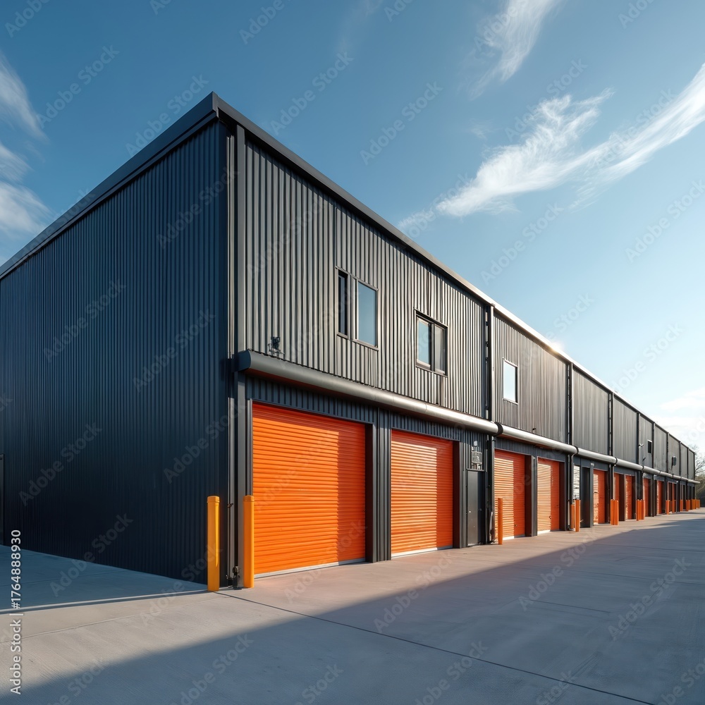 Fototapeta premium Modern self storage warehouse exterior with orange doors under blue sky. Industrial building offers secure space for belongings, moving items. Durable metal construction provides protection,