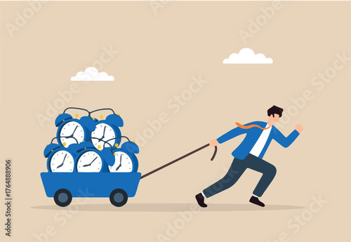 Flat illustration of frustrated businessman pulling heavy cart full of alarm clocks to represent deadline pressure and time burden