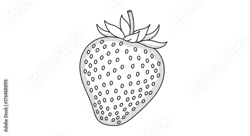 Detailed black and white illustration of a ripe strawberry.