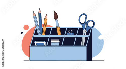 Stationery organizer filled with pencils scissors and other supplies.