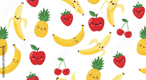 Colorful fruit pattern with smiling faces on white background.