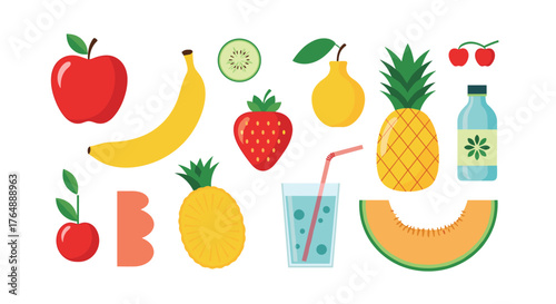 Colorful fruits and drinks collection for healthy eating.