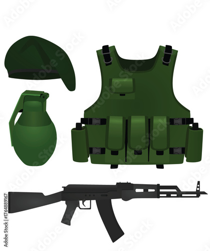 Green military set. vector illustration	