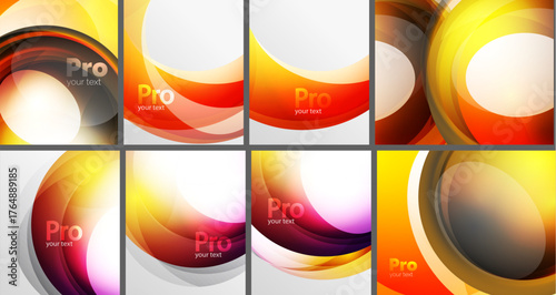 Abstract designs, vibrant colors, flowing shapes. Text placeholders suggest professional templates, modern aesthetic. Bright gradients dominate composition.