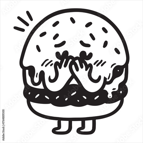 Cute shy burger character with hands covering face silhouette on vector white background