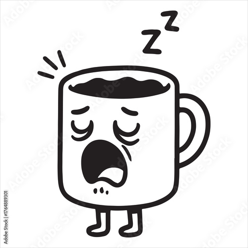 Tired coffee cup character yawning sleepily silhouette on vector white background