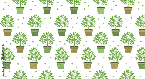 Green potted plants pattern on white background repeating design.