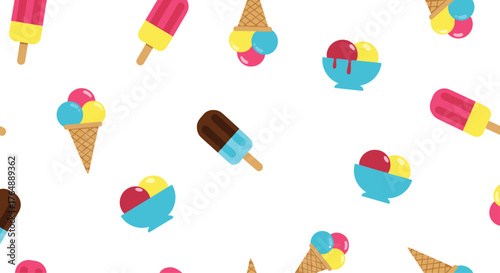 Colorful ice cream treats pattern on white background for summer.