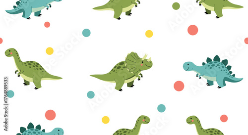 Colorful dinosaur pattern design for kids on white background.