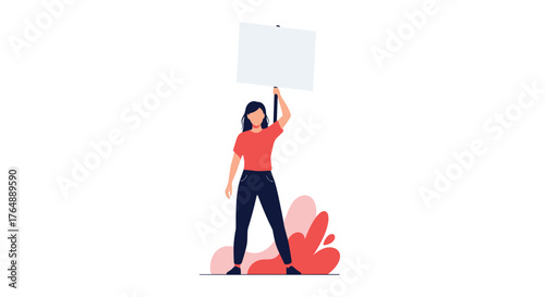 Woman holding blank sign standing protesting advocating for change.