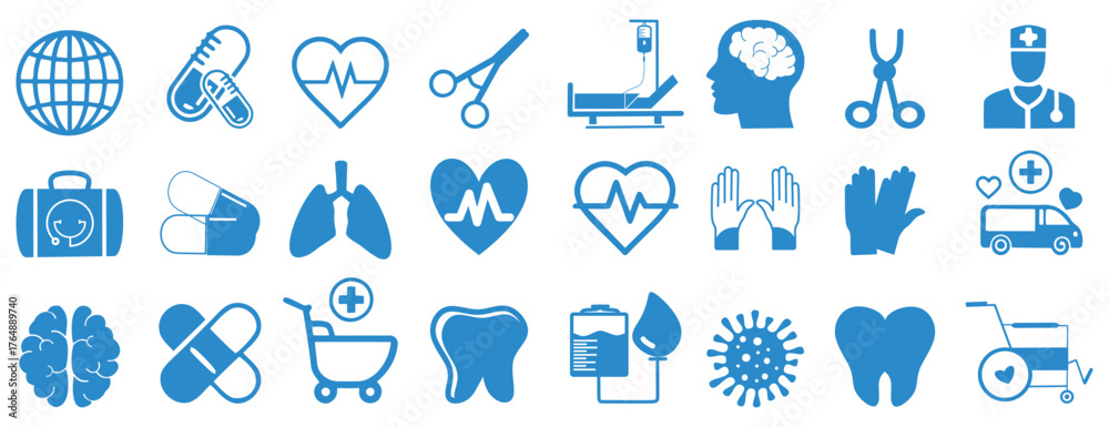 Obraz premium Medical icon set. Healthcare icon set. Containing treatment, prevention, medical, health, diagnosis, report, illness, injury, medicine, hospital, treatment, healthcare, nurse. vector illustration