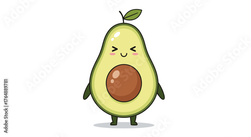 Cute avocado character smiling with happy expression.