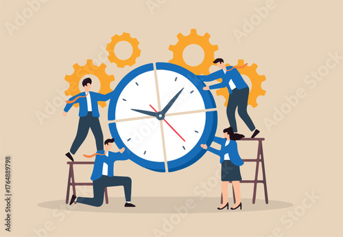 Flat illustration of business team assembling giant clock together to symbolize teamwork time management productivity and task coordination