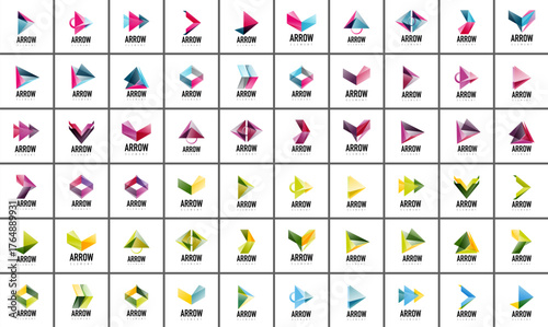 Grid displays various arrow icons. Designs feature different colors, shapes, orientations. Minimalist style, uniform size.