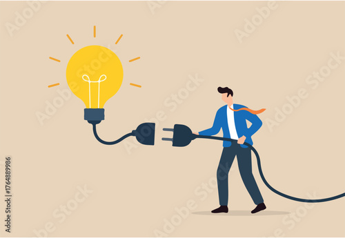 Flat illustration of businessman connecting power cable to glowing lightbulb new idea creativity innovation energy success invention and problem solving