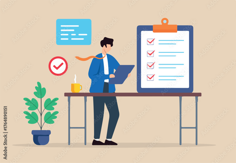 Fototapeta premium Flat illustration of man office worker organize business checklist on desk