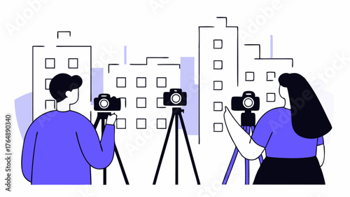 Photography Session A gathering of neighbors outside capturing urban landscapes with cameras and tripods set up as they share techniques and tips for street photography amidst a