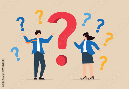 Flat illustration of businessman and businesswoman stand surrounded confused question mark doubt complexity complicated problem misunderstanding trouble