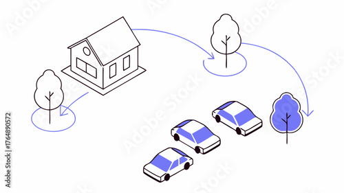 An overhead view of several cars parked in a driveway with arrows indicating a carpool route surrounded by houses and greenery to suggest a suburban neighborhood.