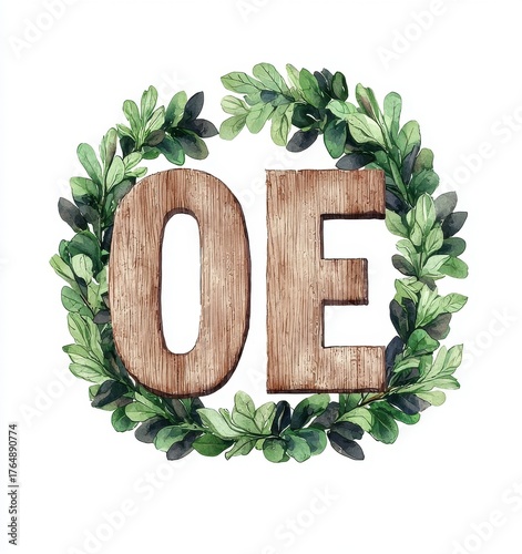 Rustic Wooden Letters within a Green Leafy Wreath Design