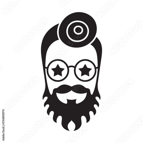 Abstract hipster man with beard mustache and star glasses vector illustration, icon, logo