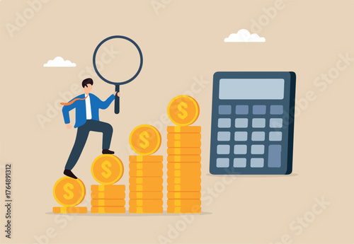 Flat illustration of businessman climbing staircase of gold coins toward calculator while holding magnifier to represent financial control and budget planning