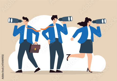 Flat illustration of business people use binoculars to search for new job opportunities inspecting for future career development	