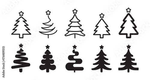 Collection of Christmas Tree Icons Simple Line Art Holiday Season Vector, illustration 