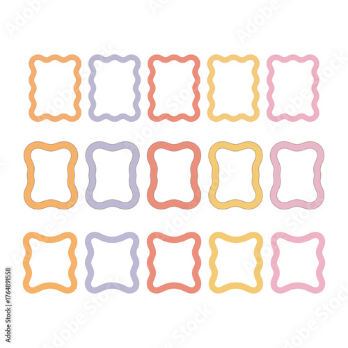 Collection of Cute Wavy Square Frames in Pastel Colors for Design, vector illustration 