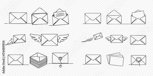 Collection of hand-drawn doodle mail and envelope icons depicting various communication concepts like sending, receiving, and love messages.