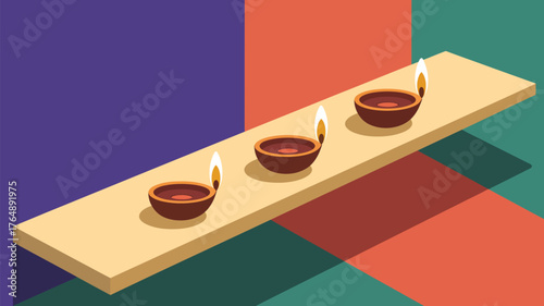 Three diya lamps aligned on a beige surface with a colorful geometric background illustration art