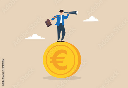 Flat illustration of businessman investor stand on euro coin using telescope to predict Europe economy