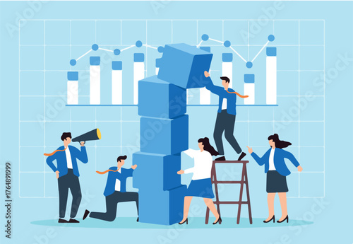 Constructing solid business strategies, foundation of analytical insights, collaboration market planning concept vector illustration. Analysts team building tower of blocks with financial charts