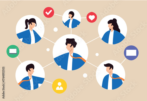 Flat illustration of colleagues communicate internally networking within company for success