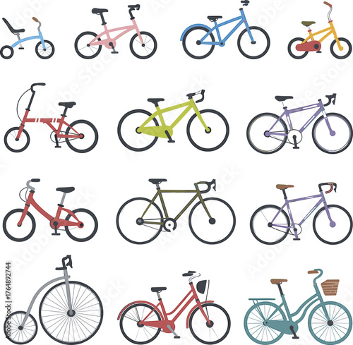 Bicycle collection illustration, colorful bike set, vintage and modern cycles, kids bike, mountain bike, road bike, commuter bicycle, vector transport icons, cycling design