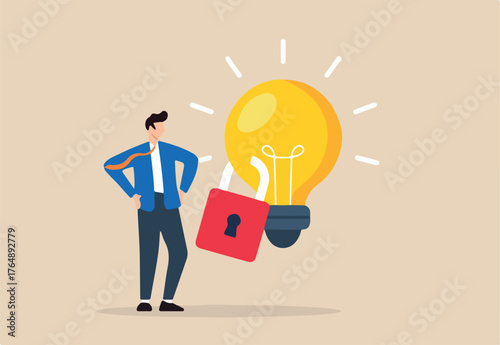 Flat illustration of businessman stand beside locked bright lightbulb symbolizing intellectual property protection