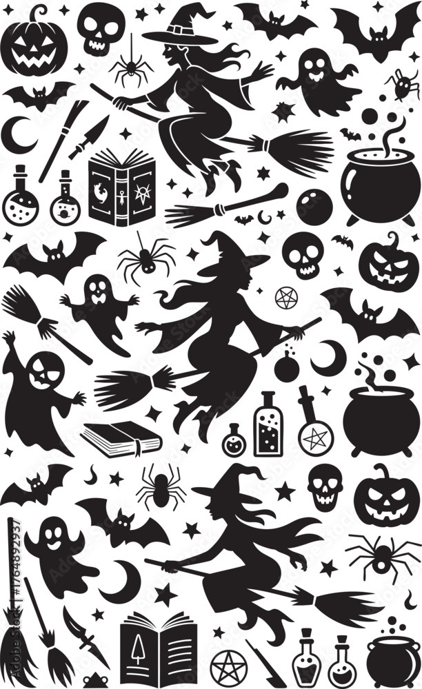 Fototapeta premium halloween spooky silhouette vector set, witch flying bat ghost skull seamless pattern, black halloween magic elements clip art, creepy holiday decoration design assets