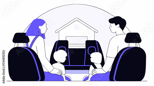 A family in a driveway adjusting their car seats for different ages with neighbors nearby discussing the importance of child safety in carpooling highlighting community