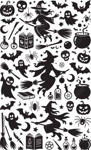 halloween spooky silhouette vector set, witch flying bat ghost skull seamless pattern, black halloween magic elements clip art, creepy holiday decoration design assets