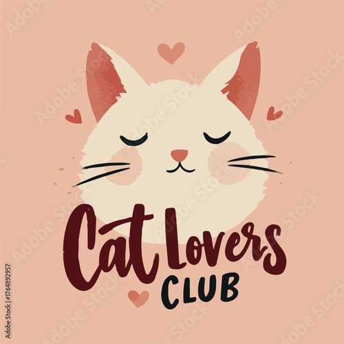 Cute Cat Lovers Club Logo with Heart Background