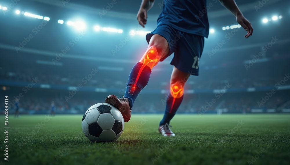 Fototapeta premium Soccer player kicks ball showing knee pain on field. Redness highlights injury during game. Athlete in sport action feels ache. Medical concept on professional sport theme.