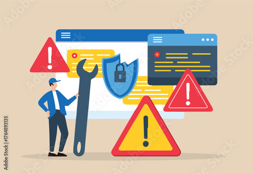 Flat illustration of it professional fixing data breach alert on virtual interface with critical errors	
