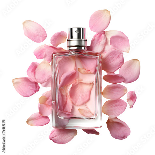 Perfume bottle with rose petals isolated on white background