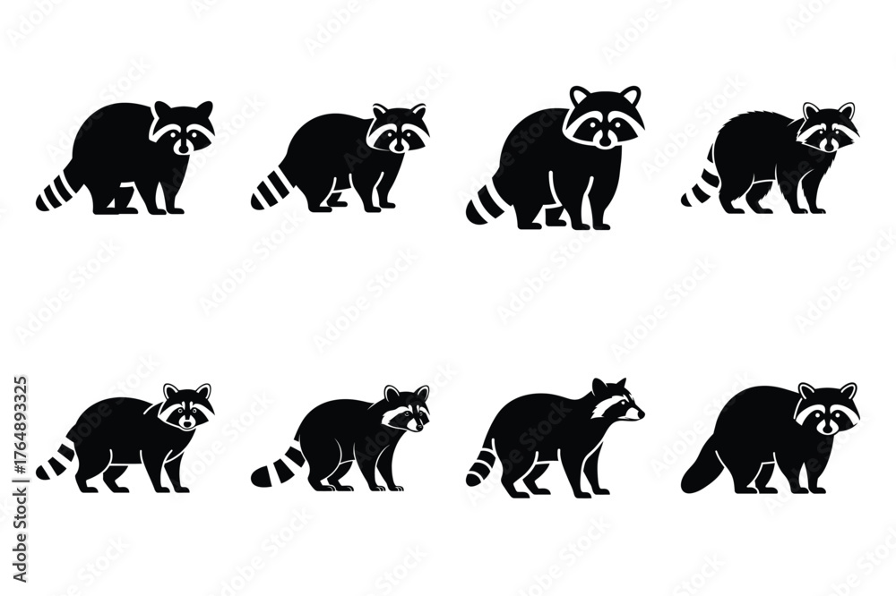 Obraz premium raccoon standing minimal silhouette vector icon set. animal icon set.